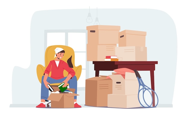 Vector young female character moving into new home woman unpacking or packing cardboard boxes with books and stuff relocation and move to new house concept cartoon people vector illustration