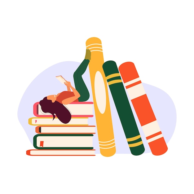 Young female character reading a book on the bookshelf flat vector Flat vector girl lying on books