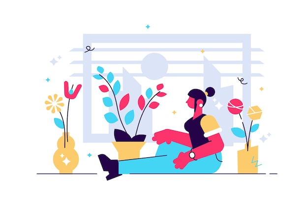 Vector young female character sitting by the window surrounded by house plants meditative relaxation