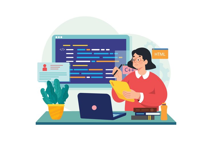Vector young female computer programmer coding at laptop