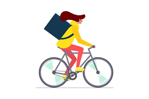young female courier with backpack riding bicycle carries fast cycling eco delivery order service