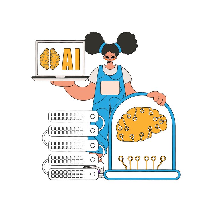 Vector a young female cradles a server with ai, depicted in vectors.