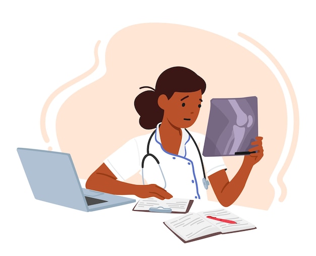 Young Female Doctor Character Sitting At Desk With Laptop Working On Patient Xray Image Utilizing Technology
