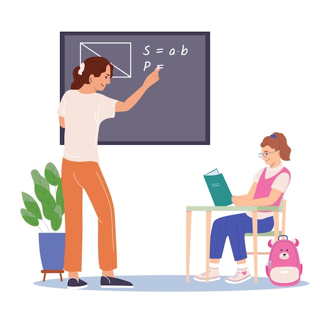 Young female elementary school teacher helping in learning to girl Educational process Vector