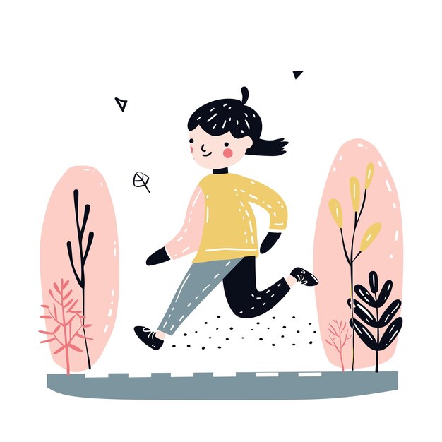 Vector young female jogging through park active lifestyle concept childlike illustration cartoon girl