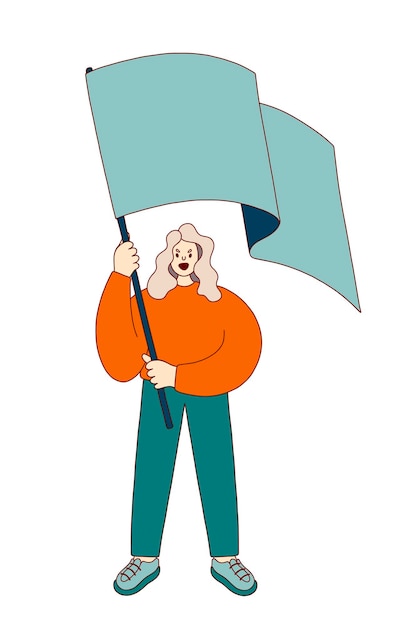 A young female leader shouts and waves flag supporting the protests. Flat colorful illustration