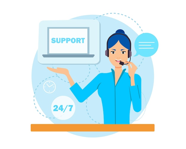 Vector young female operator from call center talking online with client helping people online customer support department staff customer service communication vector flat illustration in blue colors