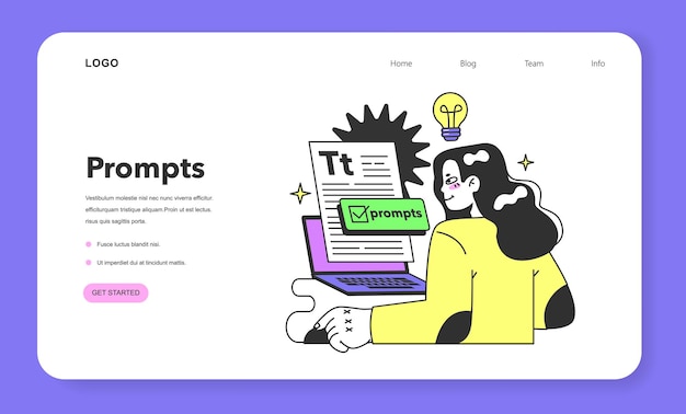 young female promptengineer writing a prompt to a artificial neuron network web banner or landing