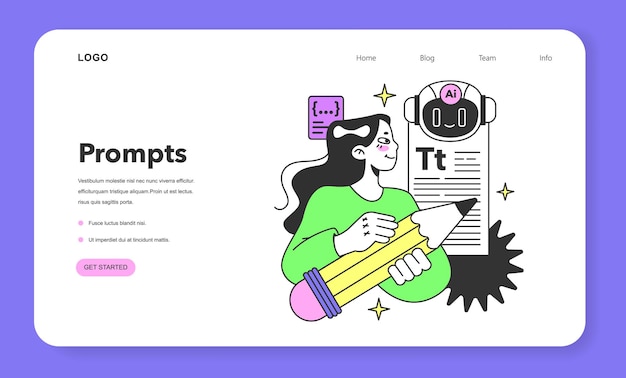young female promptengineer writing a prompt to a artificial neuron network web banner or landing