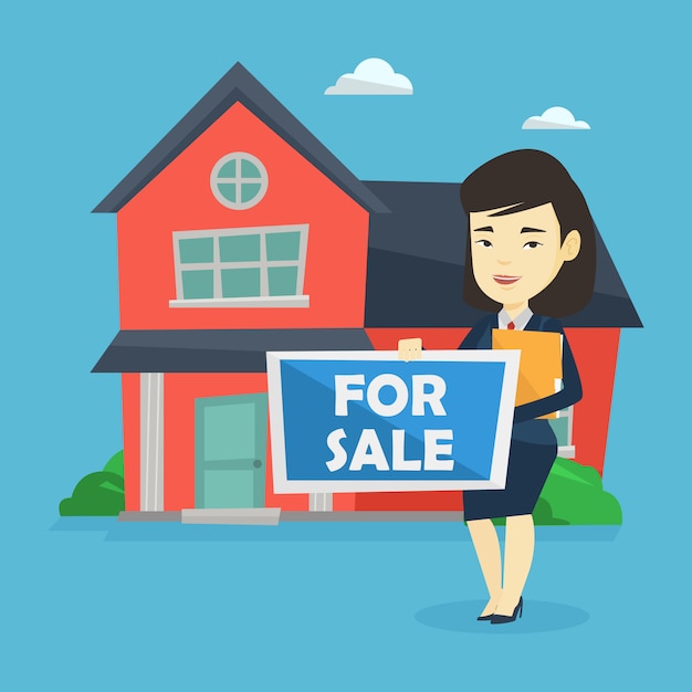 Vector young female realtor offering house.