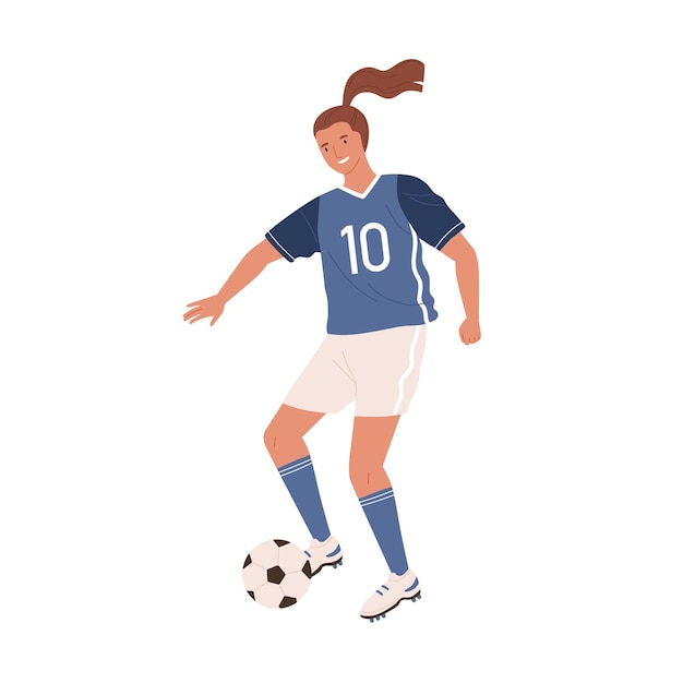 Молодая футболистка пинает мяч вперед. женщина играет в футбол в синей спортивной форме, сапогах с шипованной подошвой и чулках. красочная плоская векторная иллюстрация на белом фоне.