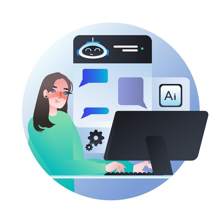 Vector young female standing near big monitor and working online using ai technology for work