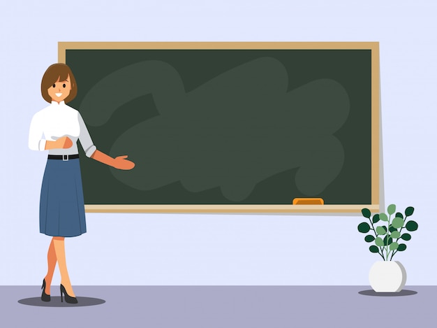 Vector young female teacher on lesson at blackboard in classroom