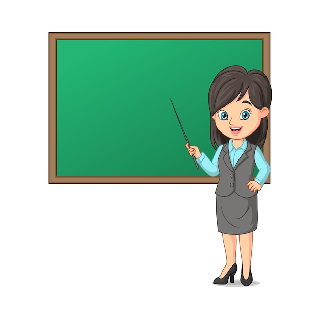 Vector young female teacher with blackboard and pointing stick