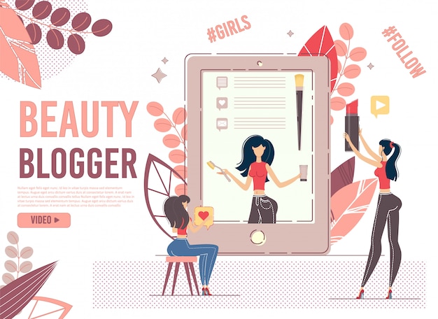 Vettore il giovane utente femminile guarda il blogger di bellezza sul dispositivo