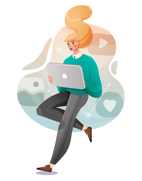 Young female with a tablet communicates in social networks. vector illustration