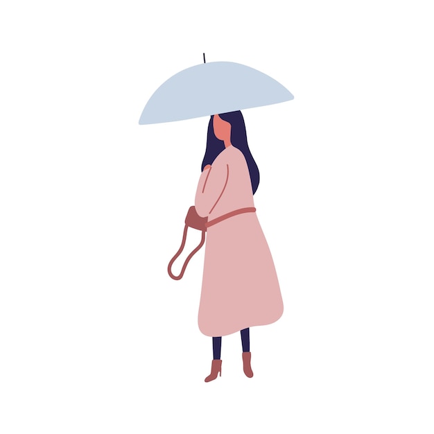 Молодая женщина с зонтиком плоской векторной иллюстрации. Осенний сезон, дождливый день, прогулка под дождем. Женщина в плаще, девочка, идущая в одиночестве, безликий персонаж, изолированные на белом фоне.