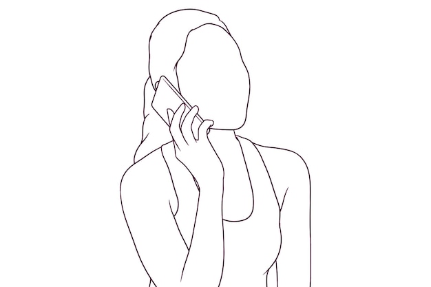 Young fit woman talking on the phone during the workout hand drawn style vector illustration