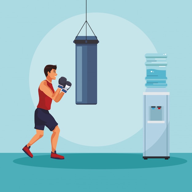 Young and fitness man boxing bag vector illustration graphic design