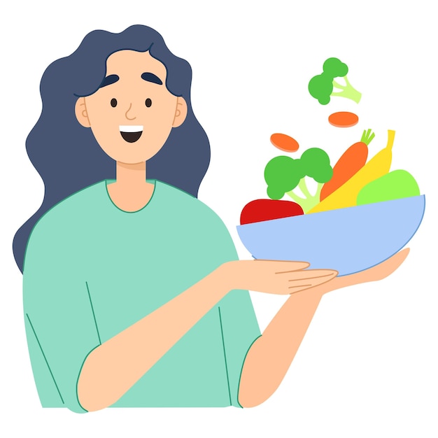 Vector young flat vegetarian woman with bowl of vegetables and fruits