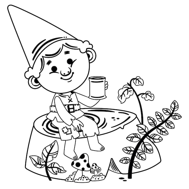 Young forest gnome sitting on tree stump and drinking milk. black and white vector illustration.