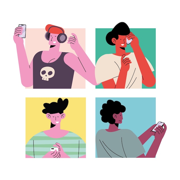 Quattro giovani ragazzi che indossano la tecnologia avatar caratteri illustrazione