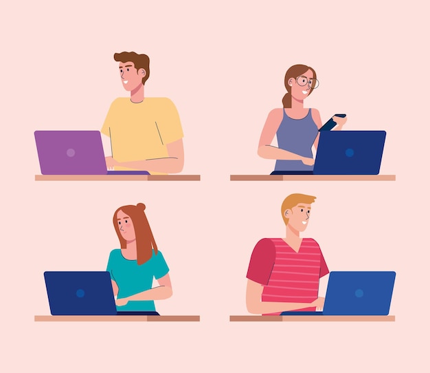 Vector young four persons using laptops technology illustration design