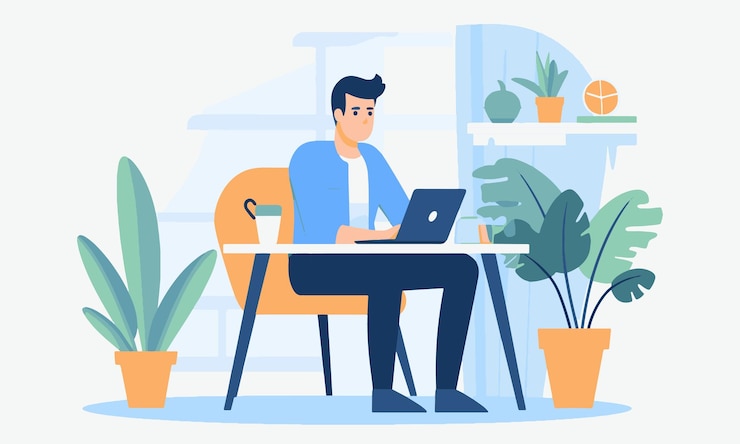 Vector a young freelancer boy with working a laptop at a personal home desk working from home