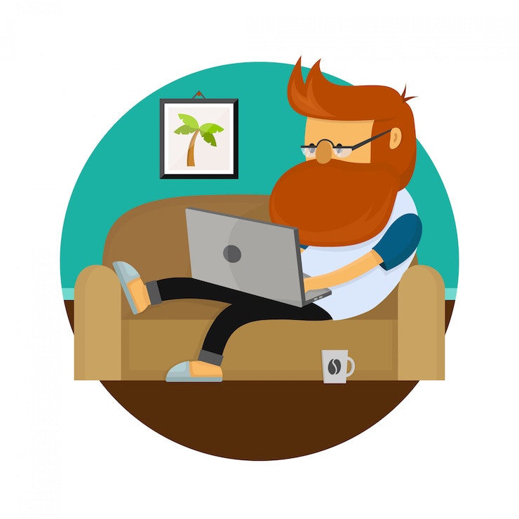 Vector young freelancer hipster man working character sitting on sofa with laptop computer.