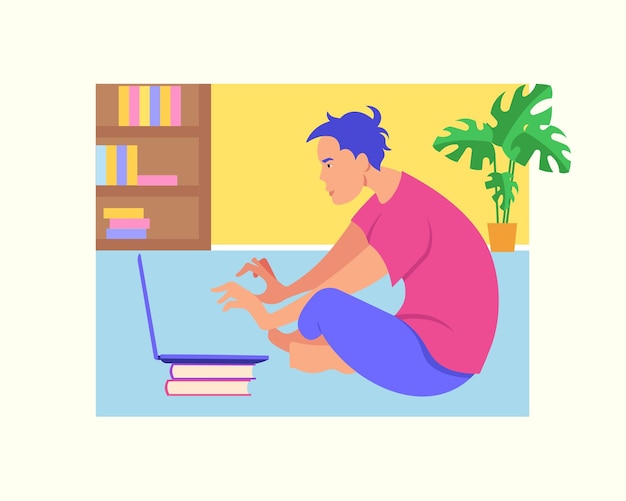 Young freelancer sitting on floor and working remote on laptop from apartment Successfully time management for freelancer Creative employee doing remote job Vector flat illustration