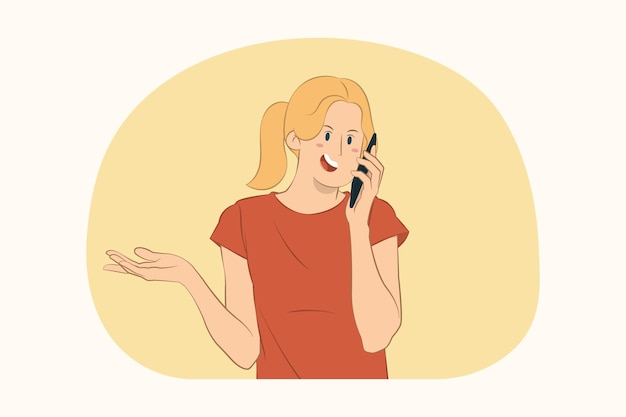 Young funny woman talk on mobile phone conducting pleasant conversation concept