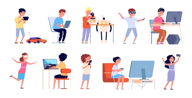 young gamers. happy gaming kids, vr glasses computer and video games playing. cartoon children coding, robotics hobby vector illustration. illustration gaming device, girl and boy controller