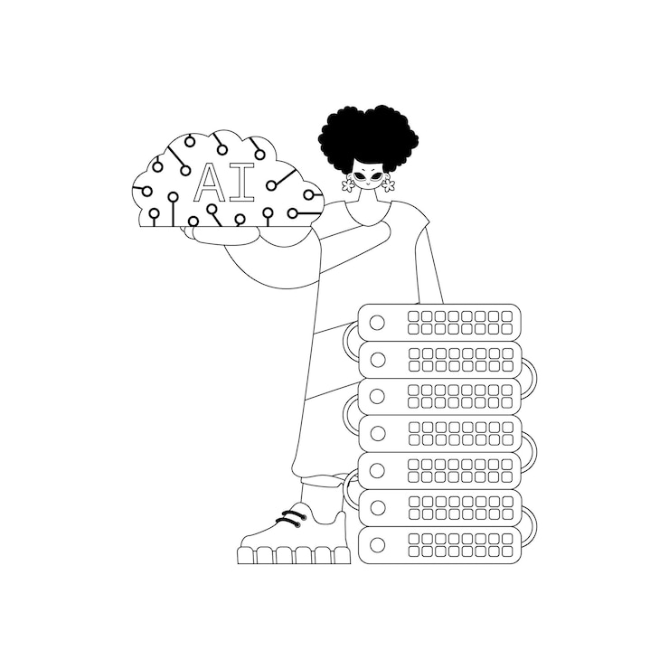 Vector a young girl and an ai server set against a vector linear ai theme