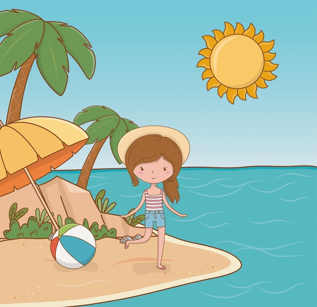 Vector young girl on the beach scene