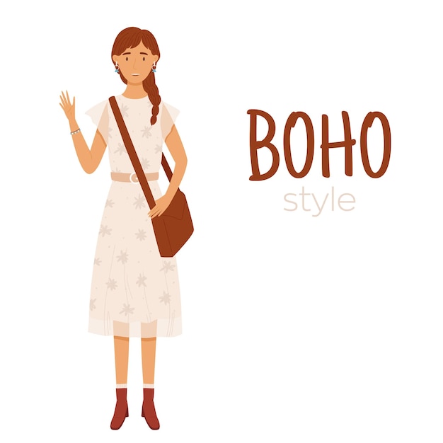 Young girl in boho style dress Student girl stylish youth Vector illustration in hand drawn style on a white background