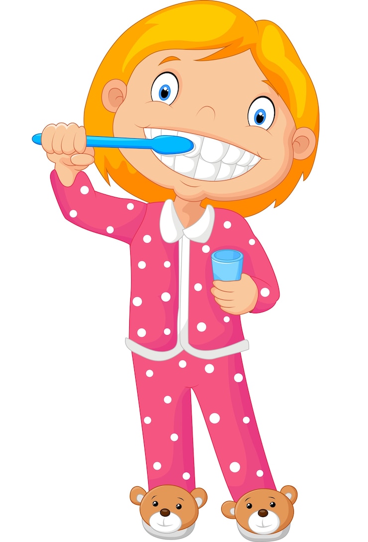 Vector young girl brushing her tooth 