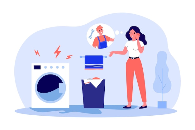 Young girl calling repairman of washing machines. Flat vector illustration. Woman standing in bathroom and calling service center, fixing broken household appliances. Repair, washing, help concept