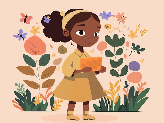 Персонаж молодой девушки держит подарочную коробку на фоне природы бабочек