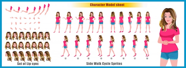 Young girl character model sheet with walk cycle animations and lip syncing