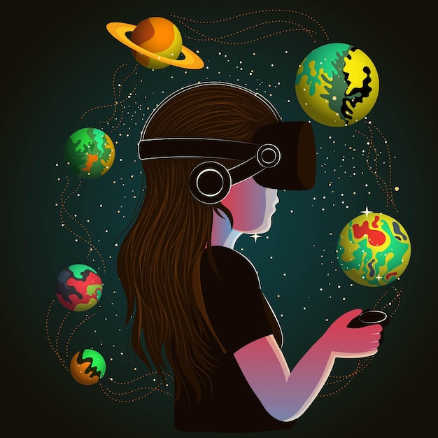 Young Girl Character Wearing VR Headset And Using Controller Interacts With Outer Space Objects On Dark Green Background