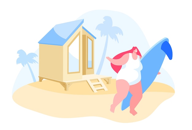 Vettore carattere della ragazza con la tavola da surf in mani stand sulla spiaggia sabbiosa sotto la palma