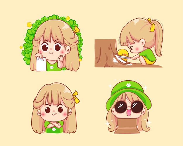 Молодая девушка персонаж с различными эмоциями мультфильм набор иллюстраций