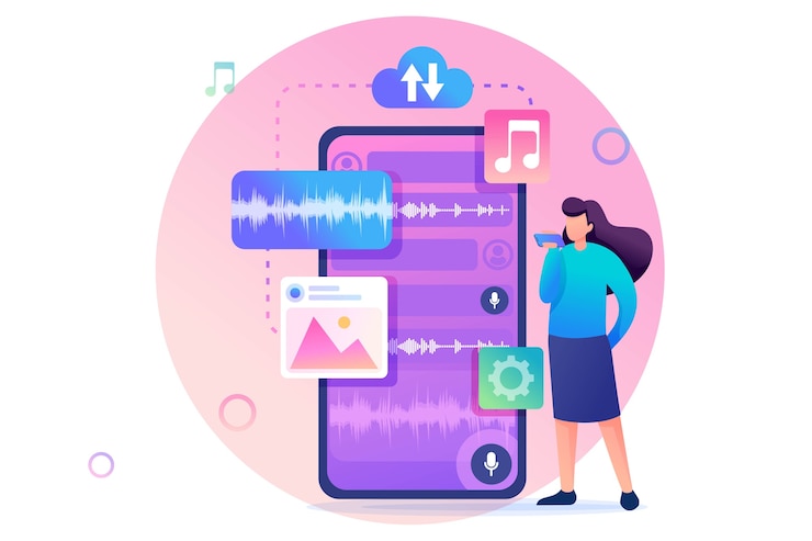 Vector young girl communicates by sending voice messages. modern concept of communication. flat