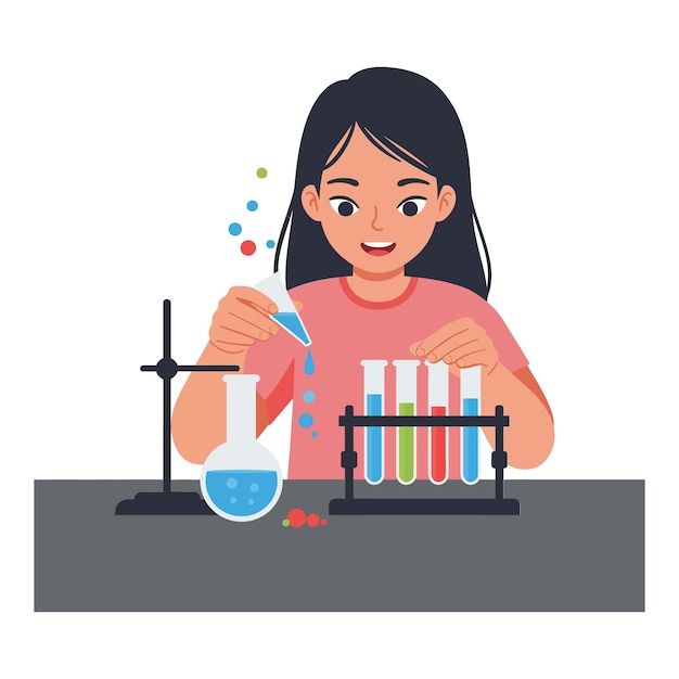 young girl conducting science experiment with colorful liquids in flat vector illustration