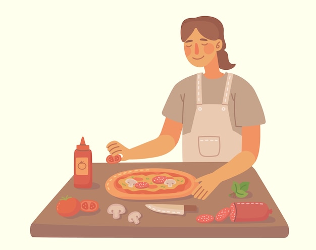 Vector young girl cooking pizza in kitchen at home.