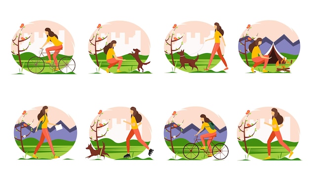 Young girl doing different outdoor activities in spring.  vector illustration.