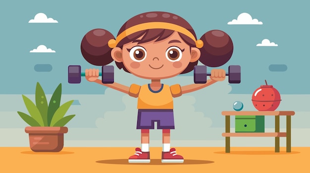 Vector young girl doing exercises with dumbbells