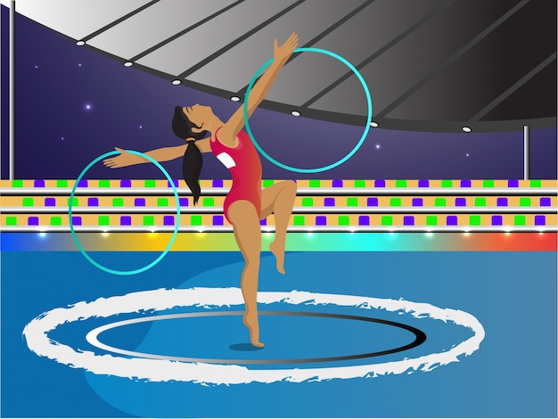 Vector young girl doing gymnastics with hoops