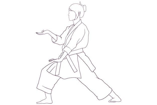 Ragazza che fa l'illustrazione disegnata a mano di vettore di stile di posa di karate