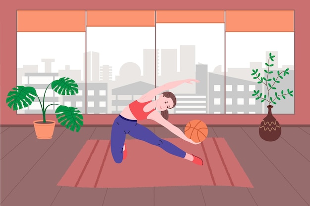 Young girl doing sports physical exercises, home workouts and\
fitness at home during quarantine and lead healthy lifestyle. flat\
vector illustration. people, men and women using the house as a\
gym.